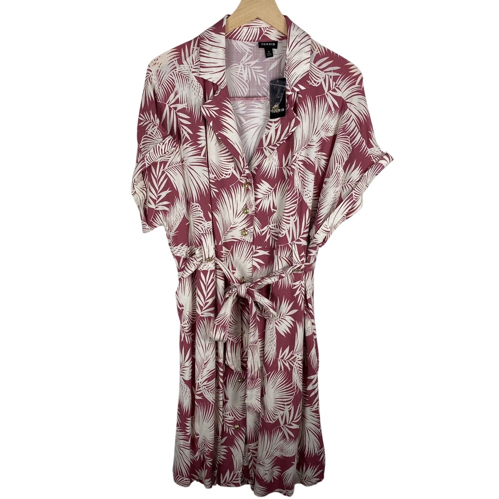 Torrid Mini Rayon Slub Button Front‎ Collared Dress Shaded Palms Pink Size 0 NWT